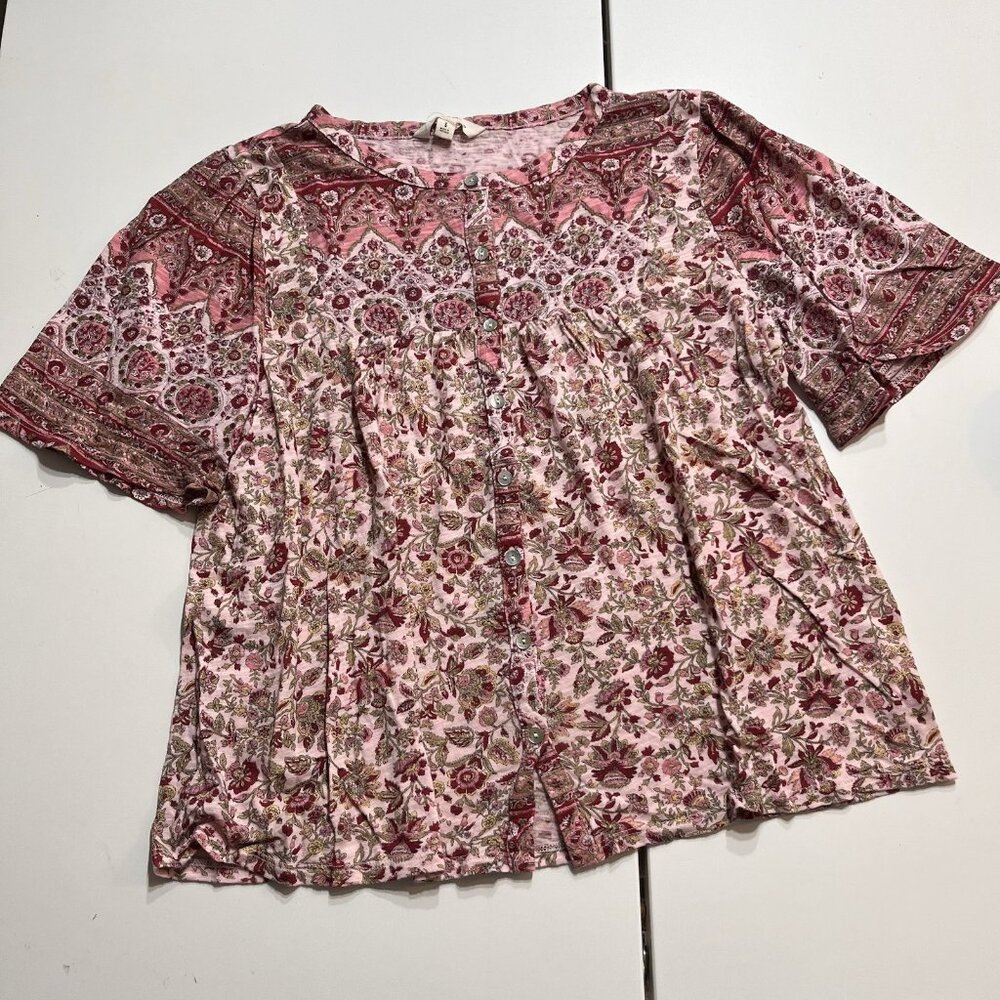 Lucky Brand Top Size Small Pink All Over Print Buttons Short Sleeve